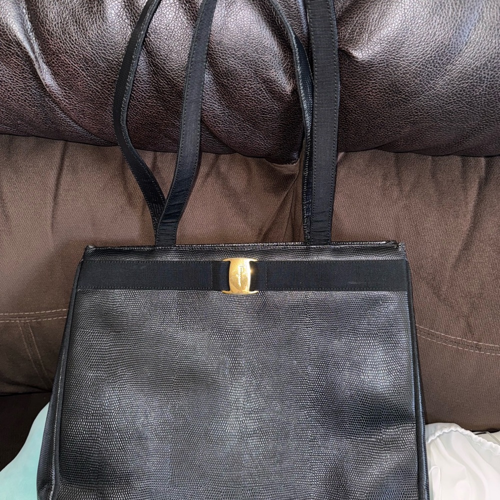 Elegant Black Leather Tote by Ferragamo